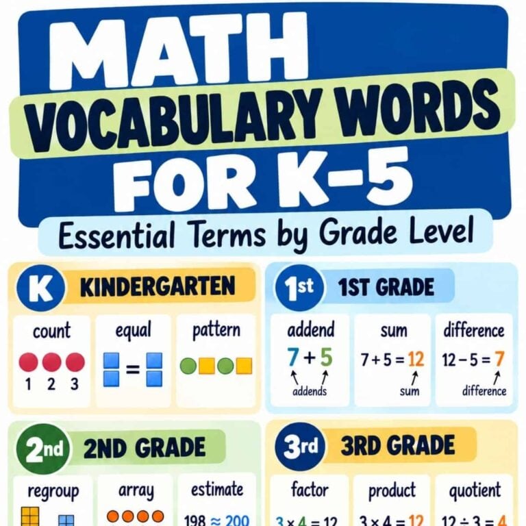 The math vocabulary words chart features essential math terms by grade level with examples and icons for kindergarten, 1st, 2nd, and 3rd grades.