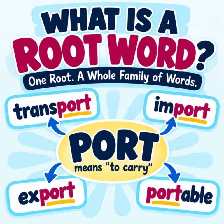 Colorful graphic explaining what is a root word, featuring port (meaning to carry) with examples: transport, import, export, portable&mdash;each highlights port in red within the word.