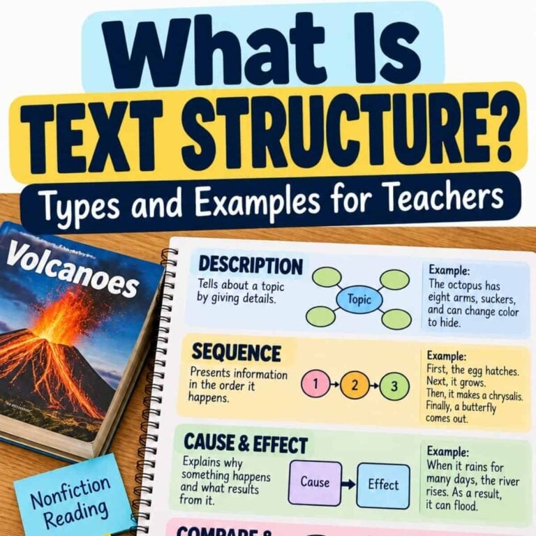 A chart from what is text structure (2) explains text structures with examples like description, sequence, and cause and effect. A Volcanoes book and nonfiction reading label are shown beside the chart.